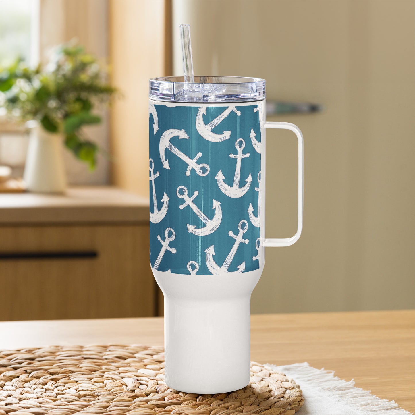 40 oz coffee mug sitting on kitchen counter—it’s the best travel mug and coffee tumbler for busy mornings and long drives.