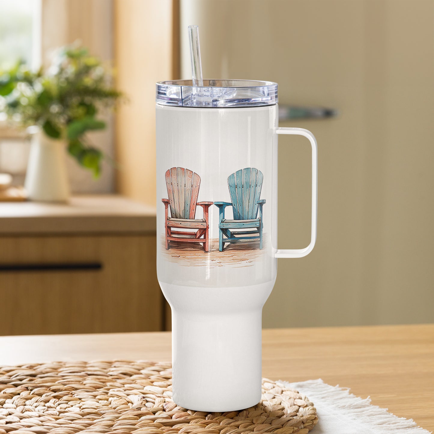 Front view of the travel mug on the kitchen counter, a 40 oz coffee tumbler with handle—sleek, beach-inspired, and built like the best travel coffee mug.