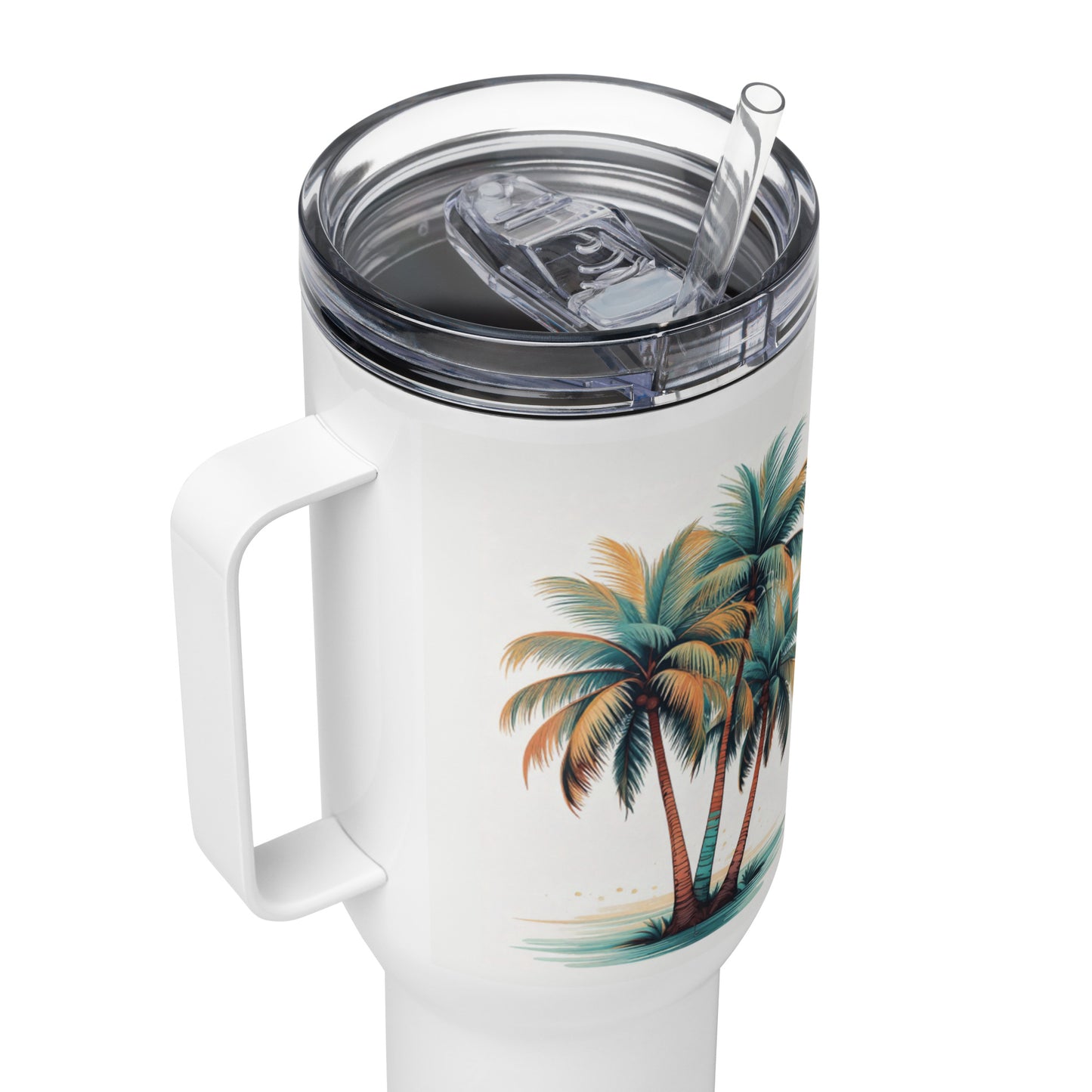 Palm Trees Tumbler, Premium Beach Buddy Travel Cup, Insulated Tumbler with Handle, 40 oz., Extra LargePalm Trees Tumbler