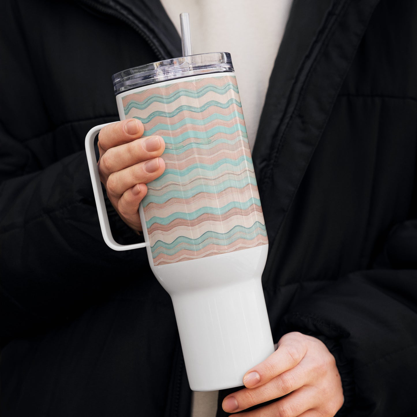 Warm Wavy Stripes Tumbler, Premium Beach Buddy Travel Cup, Insulated Tumbler with Handle, 40 oz., Extra Large