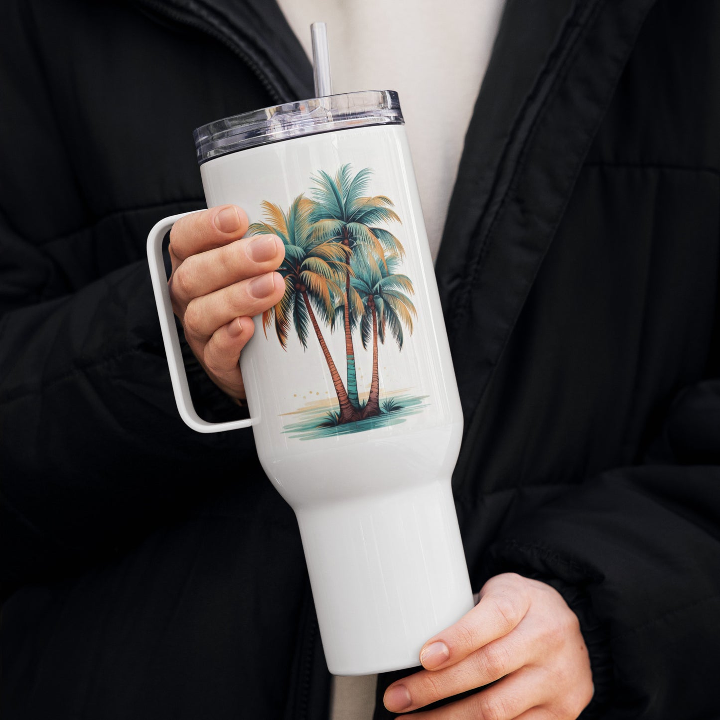 Palm Trees Tumbler, Premium Beach Buddy Travel Cup, Insulated Tumbler with Handle, 40 oz., Extra LargePalm Trees Tumbler