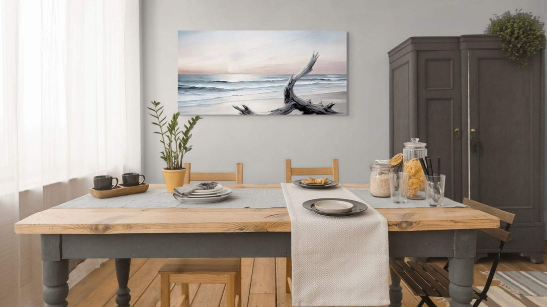 Canvas Vs Prints: coastal palm tree canvas art next to a framed print with mat