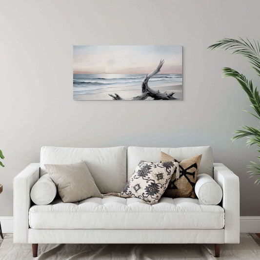 Evening Shore coastal canvas art above a couch, 24x48