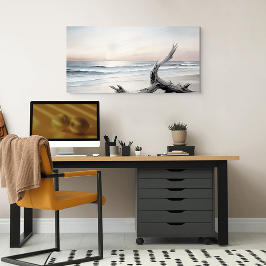 Coastal wall art in home office — Evening Shore canvas artwork above desk
