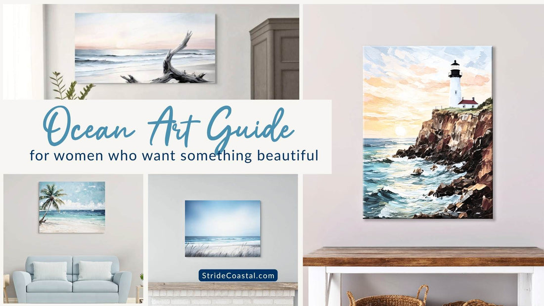 Ocean art canvas prints featuring a lighthouse cliff scene, palm tree beach, and sunset horizon styled in a living room