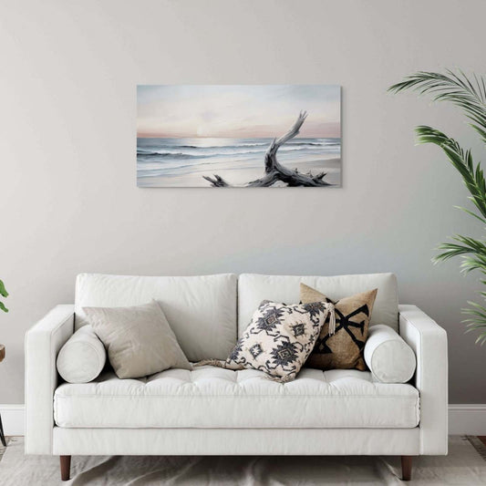 wall art size guide - coastal canvas above sofa in living room