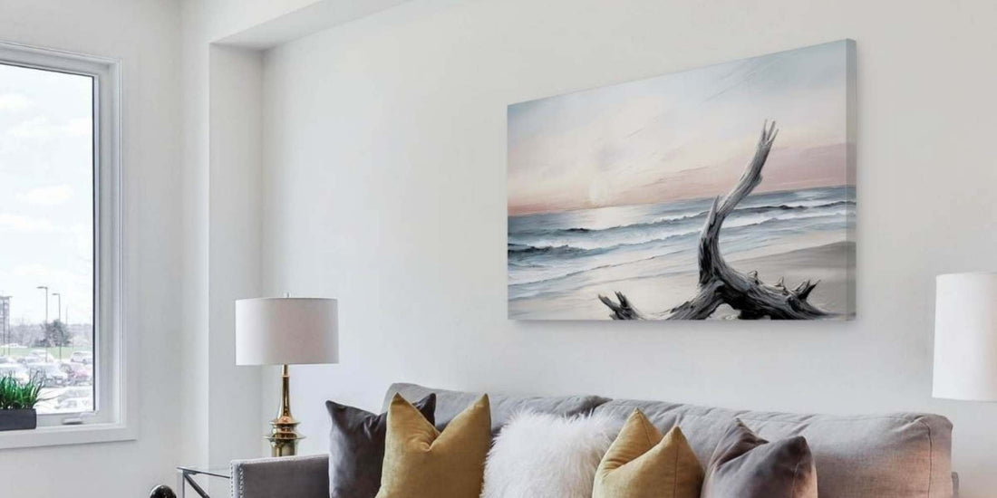 Above the couch wall art canvas hanging above a living room sofa with a potted plant