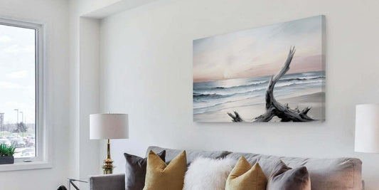 Above the couch wall art canvas hanging above a living room sofa with a potted plant
