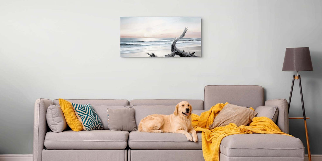 Over the sofa wall decor canvas hanging above a sofa with a dog resting on it