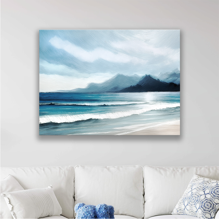 Ocean artwork hanging on a wall. Title is Blue Mountains.  It has blue waves and blue mountains