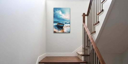 Ideas for wall decor on stairs canvas hanging above a staircase landing