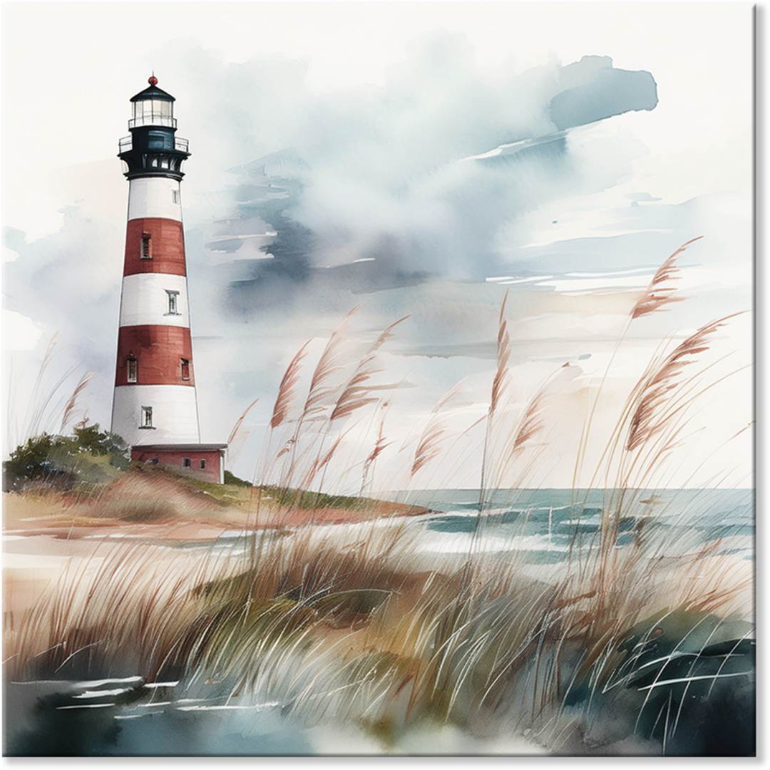 lighthouse wall art with dune grasses in the foreground