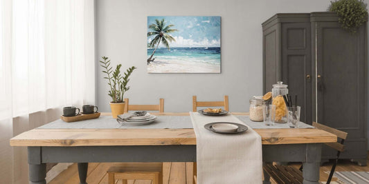 Dining room wall decor canvas hanging in a coastal dining room