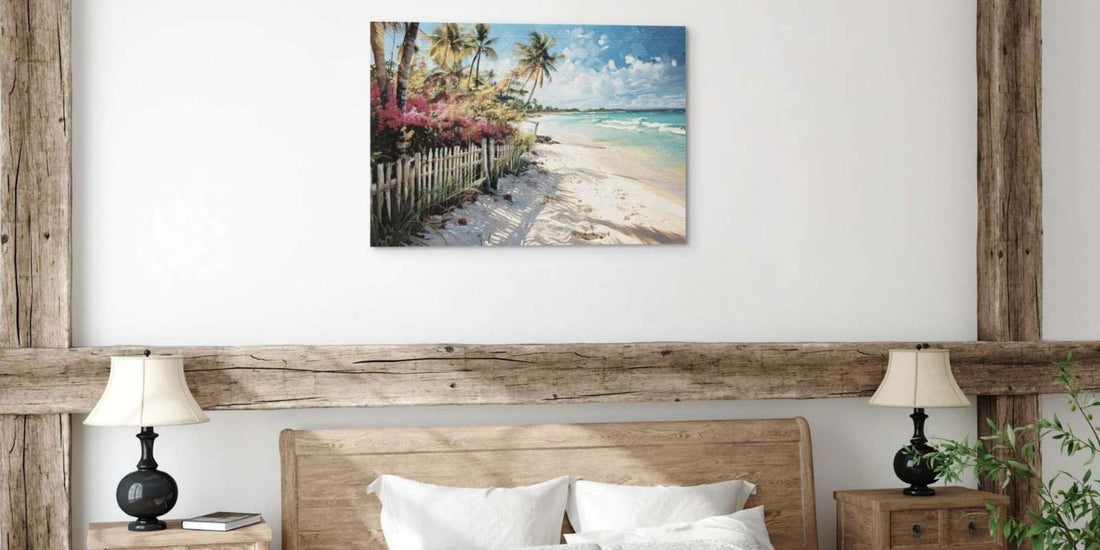 Wall art for bedroom canvas hanging above a rustic wood headboard