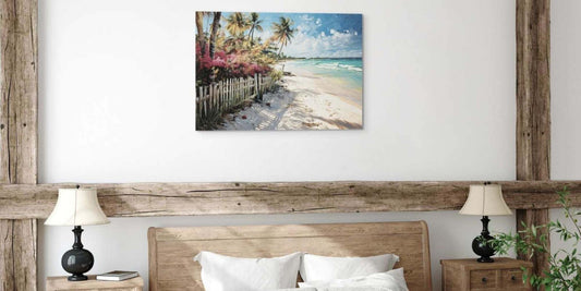 Wall art for bedroom canvas hanging above a rustic wood headboard