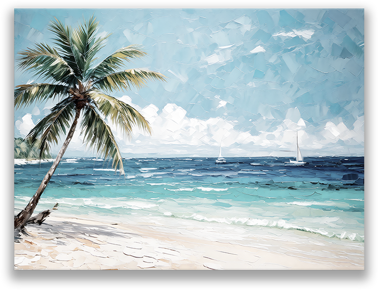 This stunning CANCUN AFTERNOON painting captures the beauty of a Caribbean paradise, where a lone palm tree leans over pristine white sands as turquoise waves meet the deep blue horizon—perfect Caribbean wall art for those dreaming of coastal escapes.