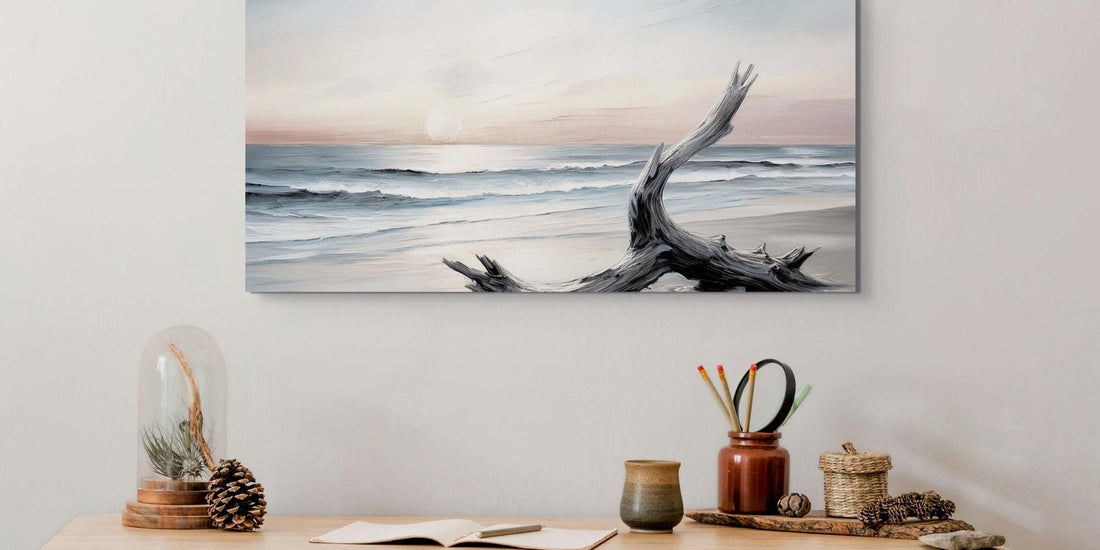 Home office art ideas canvas hanging in a home office workspace