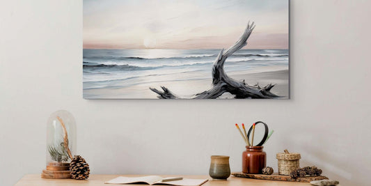 Home office art ideas canvas hanging in a home office workspace