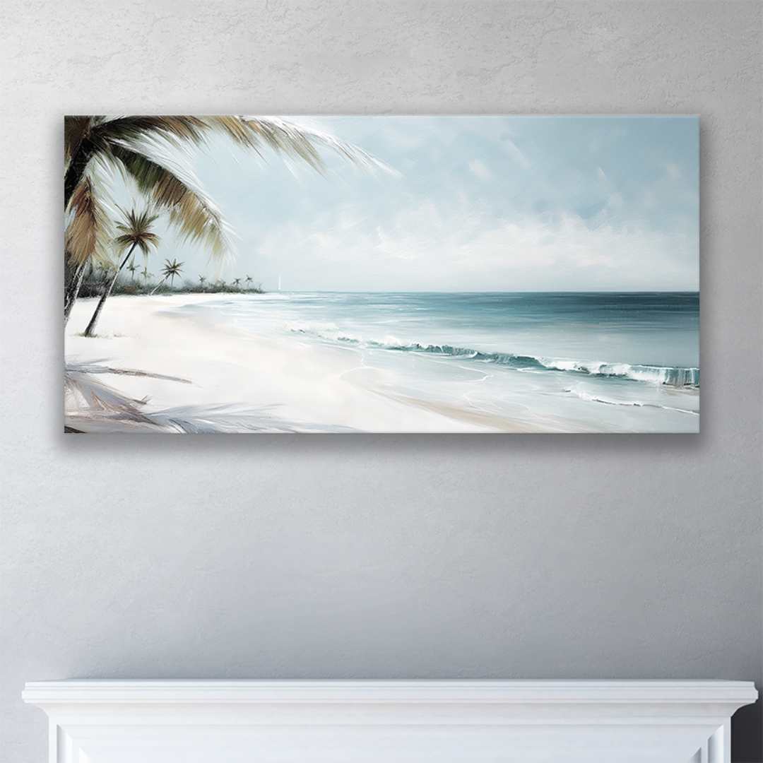 SEVEN MILE BEACH This beach painting canvas hanging on a wall – premium thick coastal canvas.