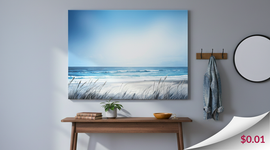 Coastal canvas art print titled 'Saltwater Surf' hanging above a wooden console table in a modern entryway with gray walls. A denim jacket hangs on wall hooks and a circular mirror is nearby. A white tag on the bottom right corner shows '$0.01'.