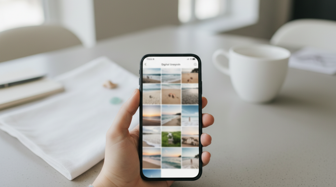 Hand holding a smartphone displaying a grid of blurred, unidentifiable beach photos, representing digital clutter. A coffee cup and desk are in the background.