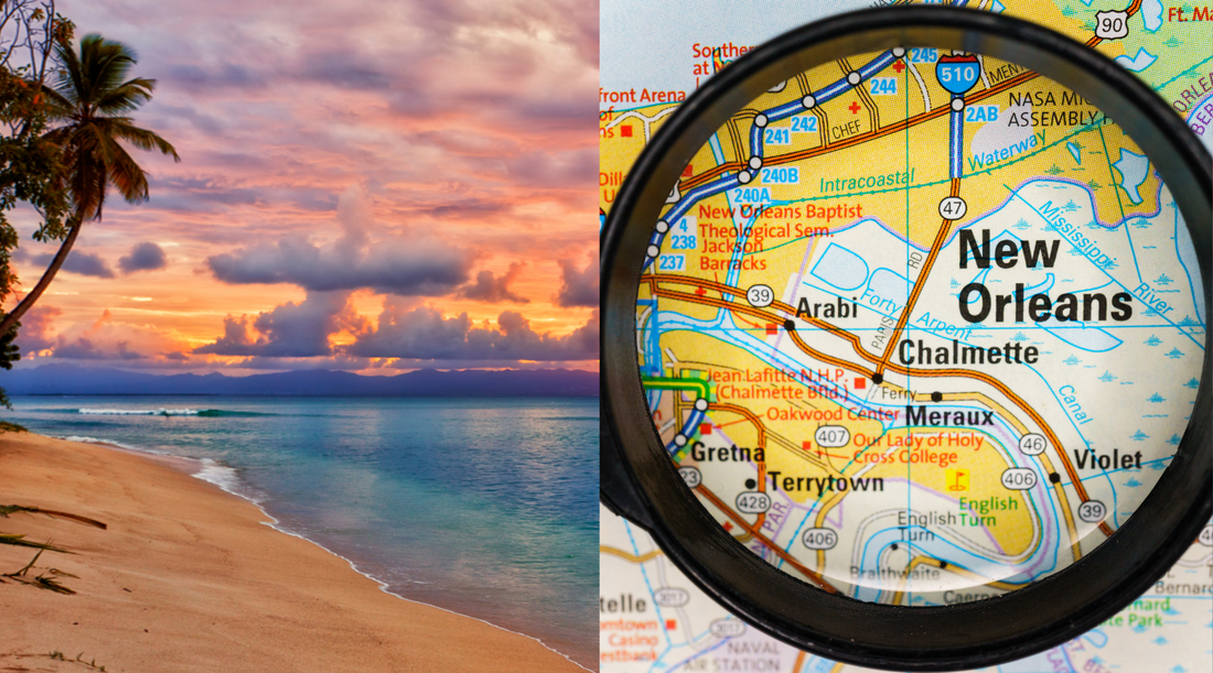 on the left is a beach at sunset, on the write is a map noting New Orleans, Louisiana