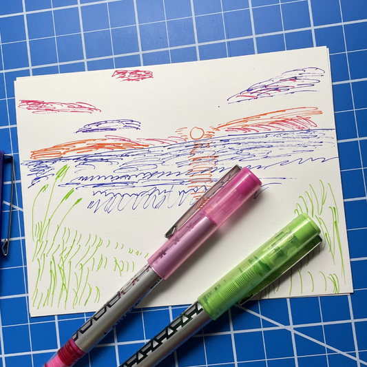 ink sketch of a beach sunset with dune grass in the foreground