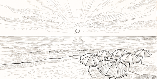 Pencil sketch of a coastal sunset scene with six beach umbrellas clustered in the bottom right corner.