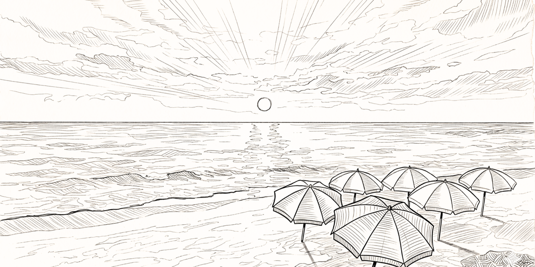 Pencil sketch of a coastal sunset scene with six beach umbrellas clustered in the bottom right corner.