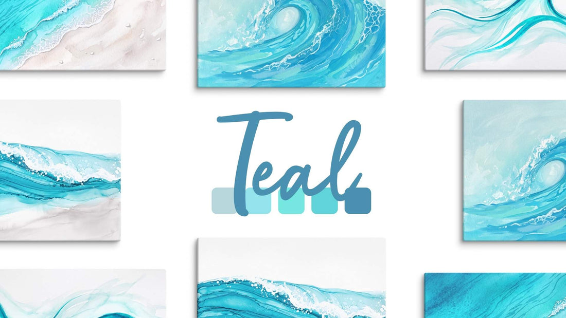 The word Teal with partial images of teal coastal art