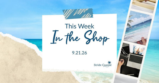 beach with placard reading This Week in the Shop with the date