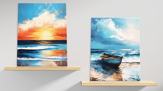 Coastal Art Work REWARD and TIDE. Both are finished beach canvas pictures sitting on shelves.