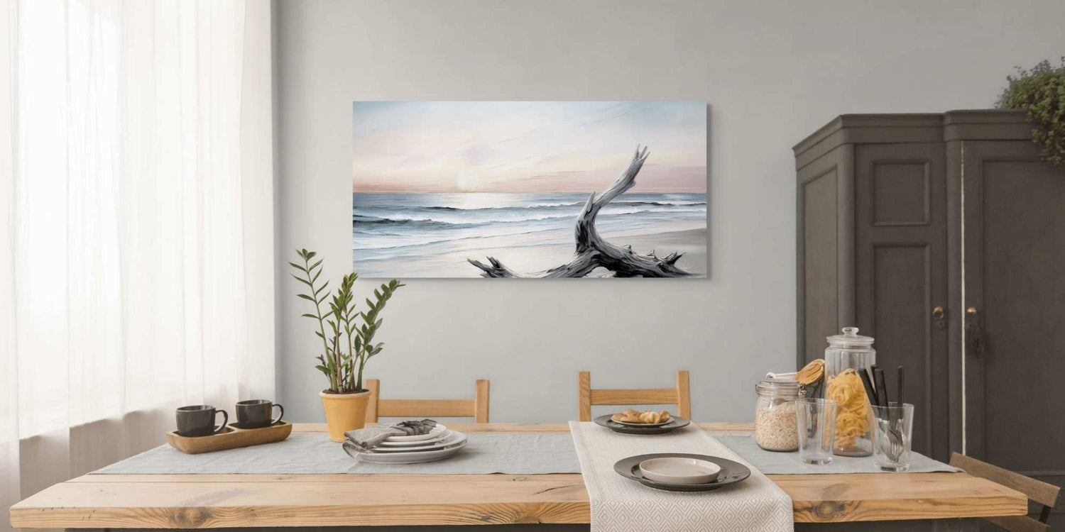 Coastal Wall Art Canvas titled EVENING SHORE hanging in a dining room