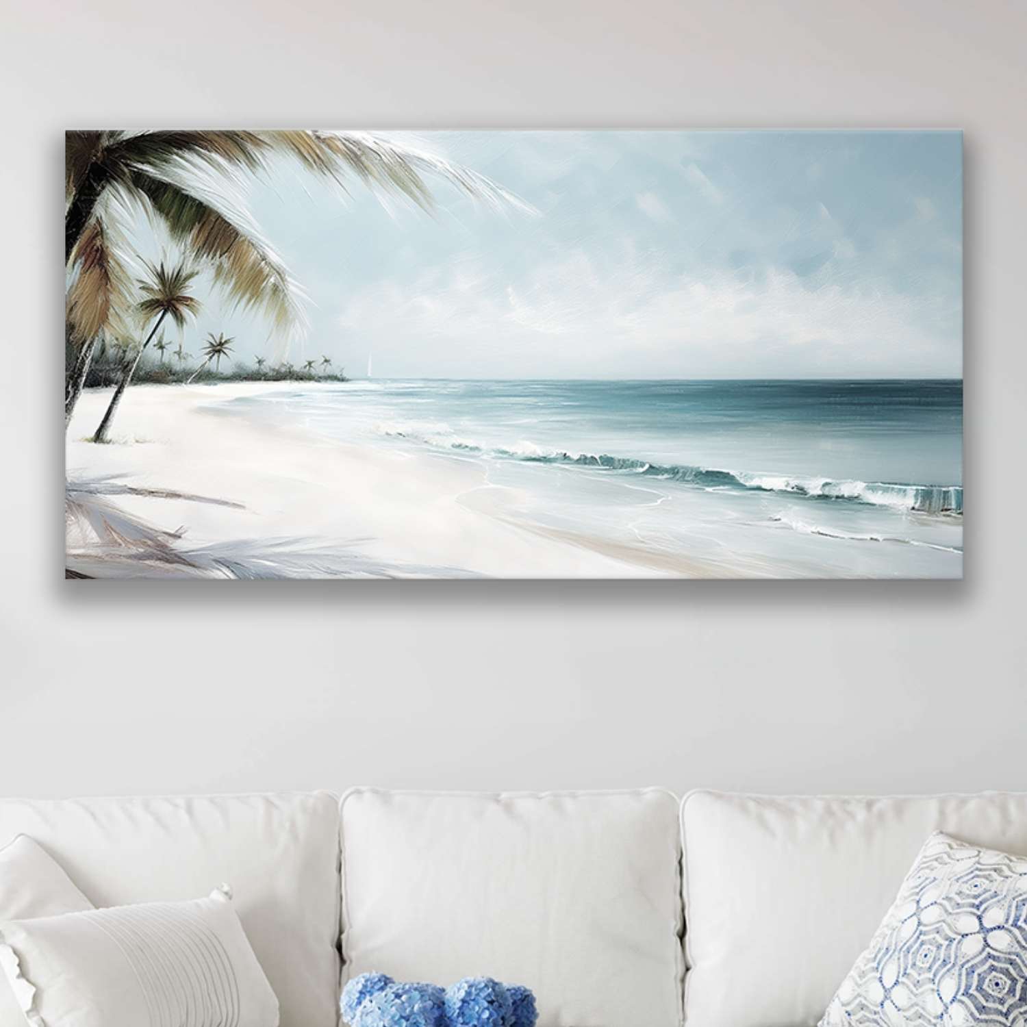 Beachscape wall art canvas hanging in a living room