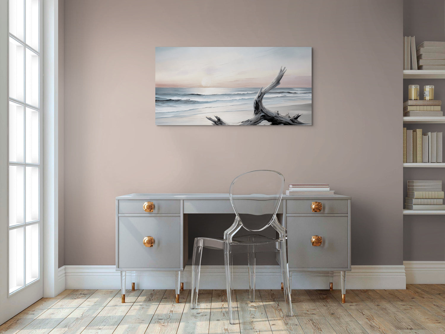 Wall art EVENING SHORE canvas above a desk in a home office