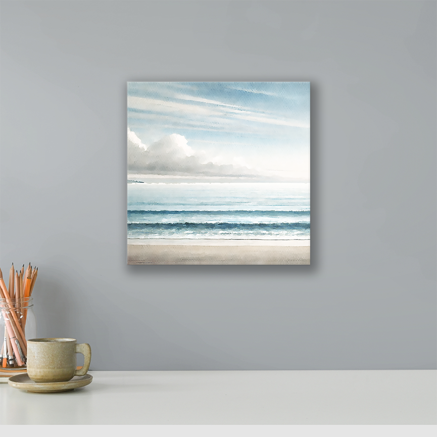 Beyond the Blue Canvas, square orientation, beach canvas art, shore, sea, sky