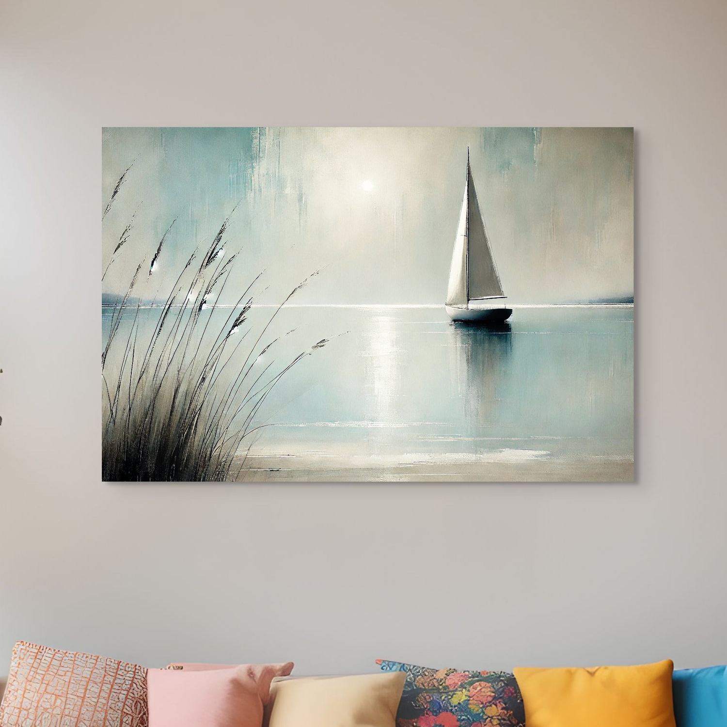 Statement Canvas Art - Large art of a sailboat on still waters hanging over a sofa