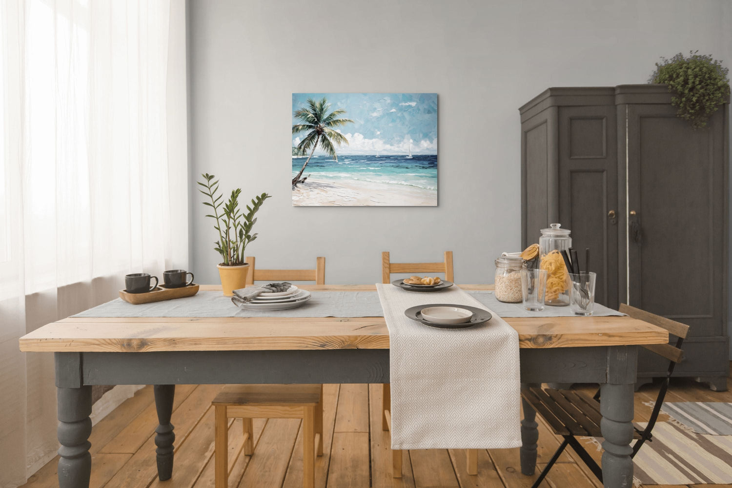 Coastal Canvas with tropical foliage an a palm tree , hanging on a wall in a dining room