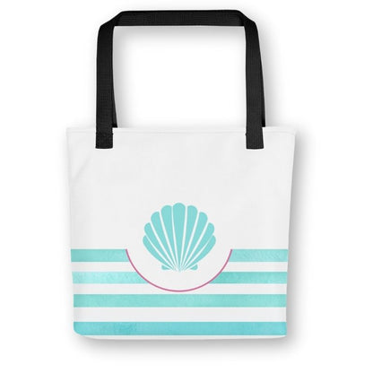 Front view of turquoise seashell tote with centered shell icon above aqua stripes, black handles, and a coastal-inspired design.
