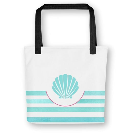 Front view of turquoise seashell tote with centered shell icon above aqua stripes, black handles, and a coastal-inspired design.
