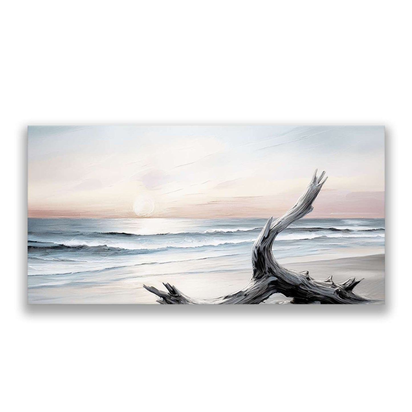Beach canvas art – a single piece of driftwood on a quiet beach at the moment the sun lets go, canvas print