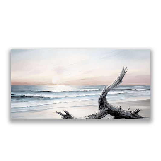 Beach canvas art – a single piece of driftwood on a quiet beach at the moment the sun lets go, canvas print