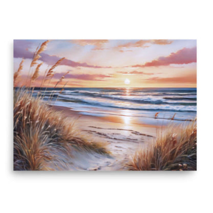 Beach sunset art – tall beach grass dunes under a warm-toned sunset sky, canvas print