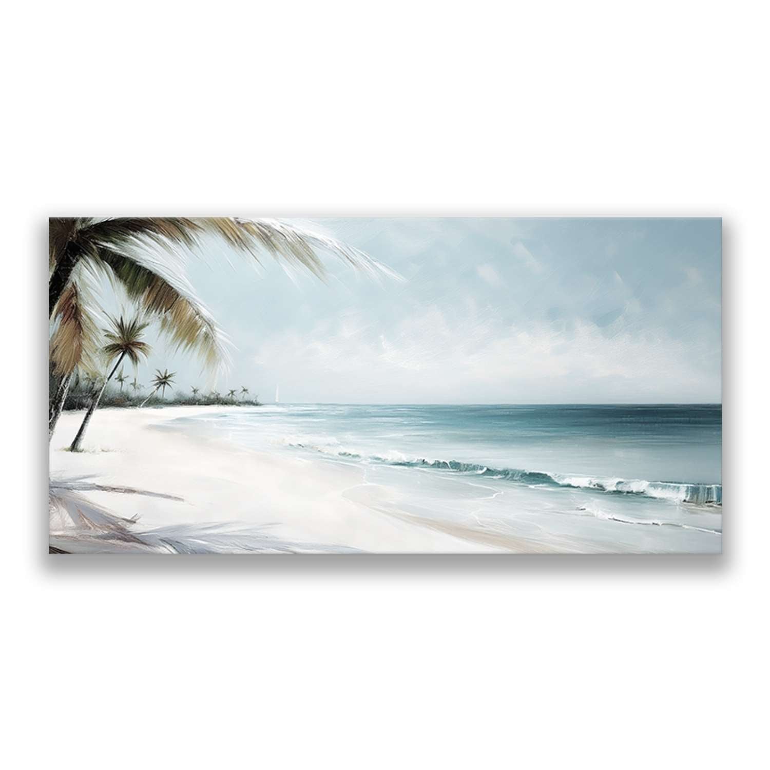 Beachscape wall art – a leaning palm along a long curving stretch of pale sand and shallow turquoise water, canvas print