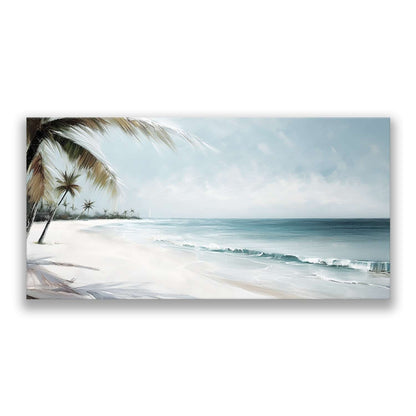 Beachscape wall art – a leaning palm along a long curving stretch of pale sand and shallow turquoise water, canvas print