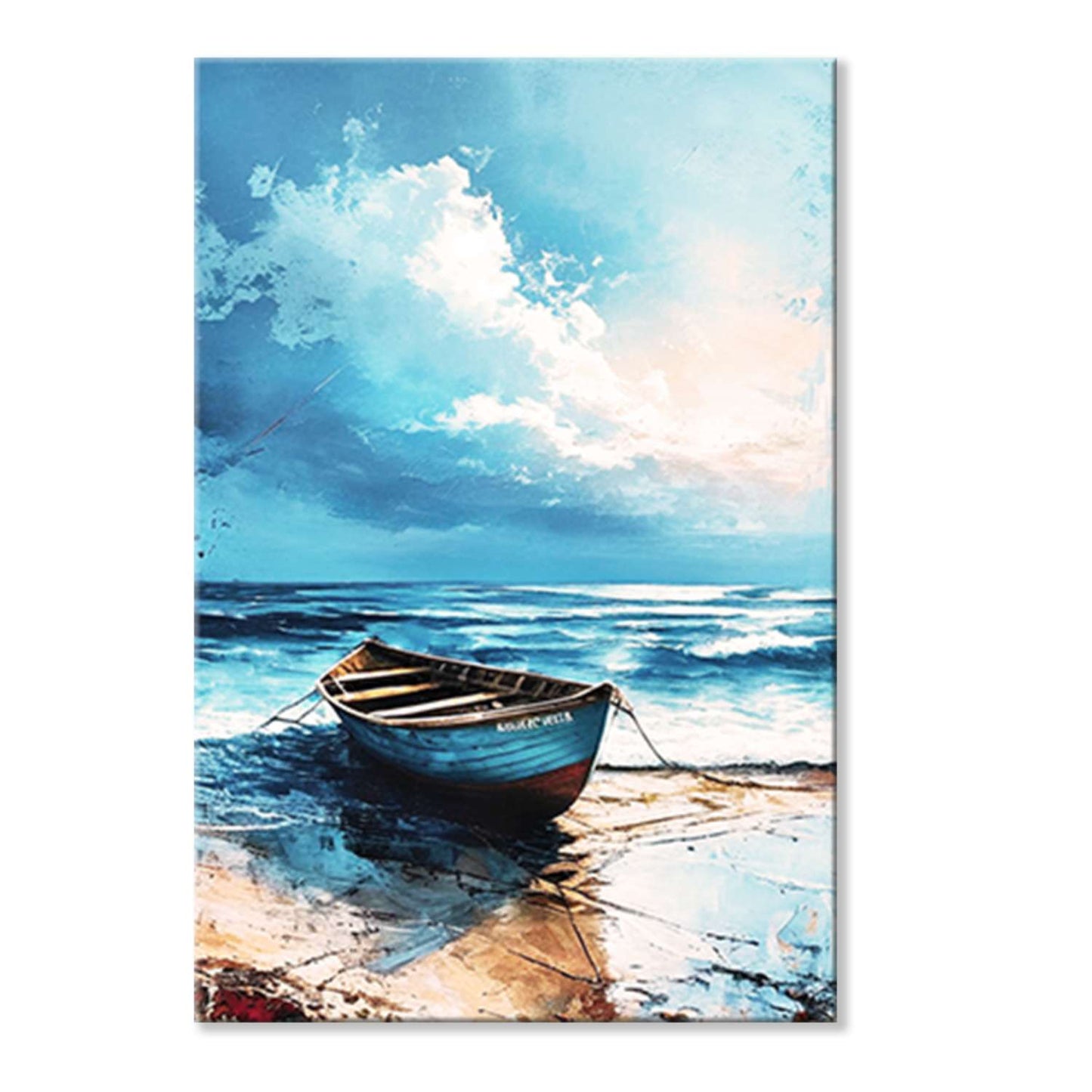 Boat artwork – a weathered rowboat resting at the tide line under a moody blue sky, canvas print