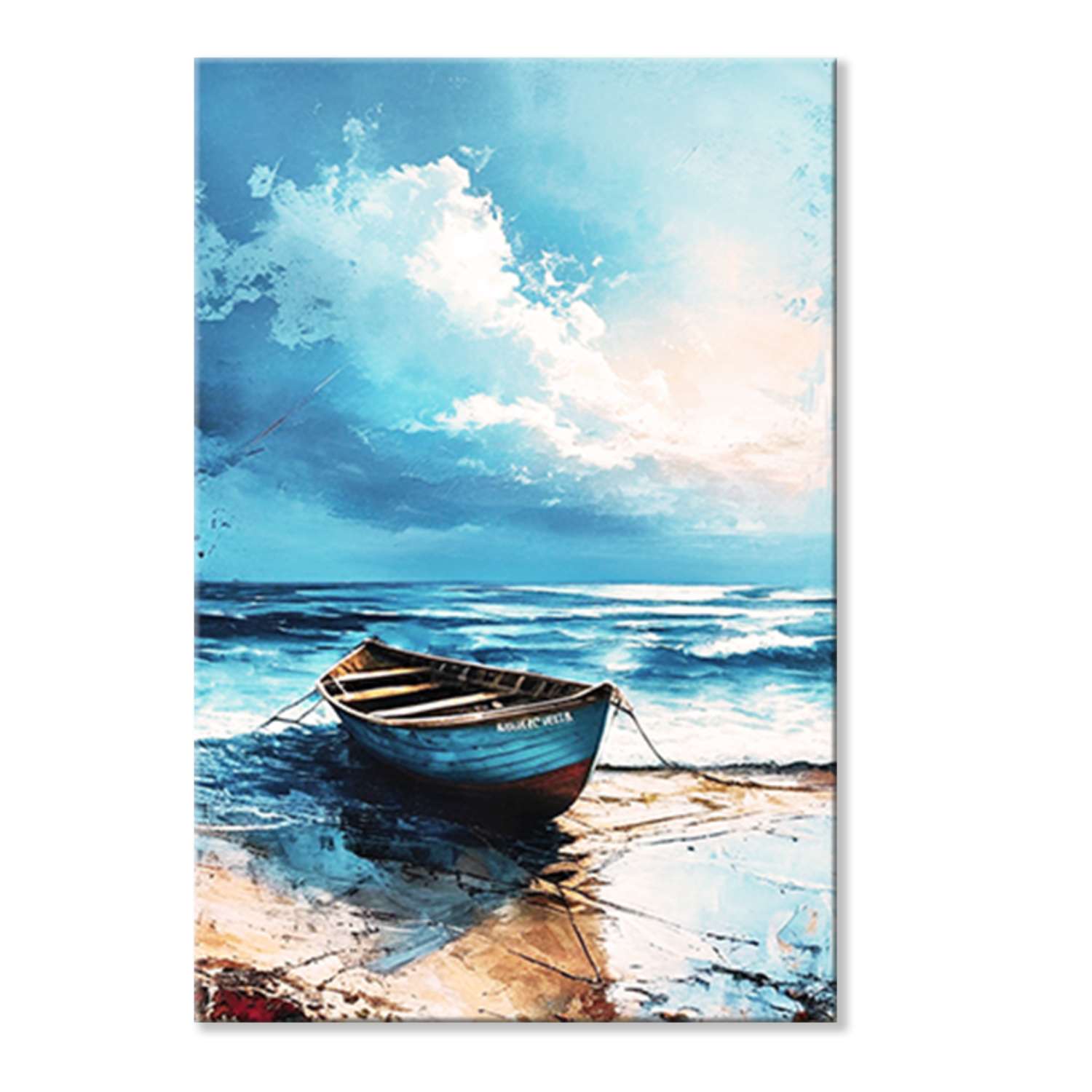 Boat artwork – a weathered rowboat resting at the tide line under a moody blue sky, canvas print