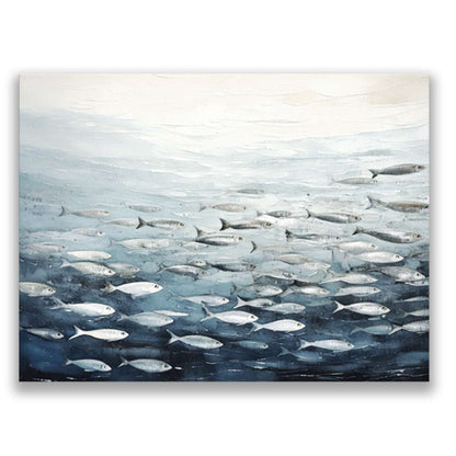 Fish wall art – silver fish schooling through blue-gray water, canvas print