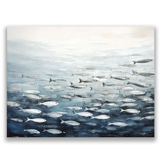 Fish wall art – silver fish schooling through blue-gray water, canvas print
