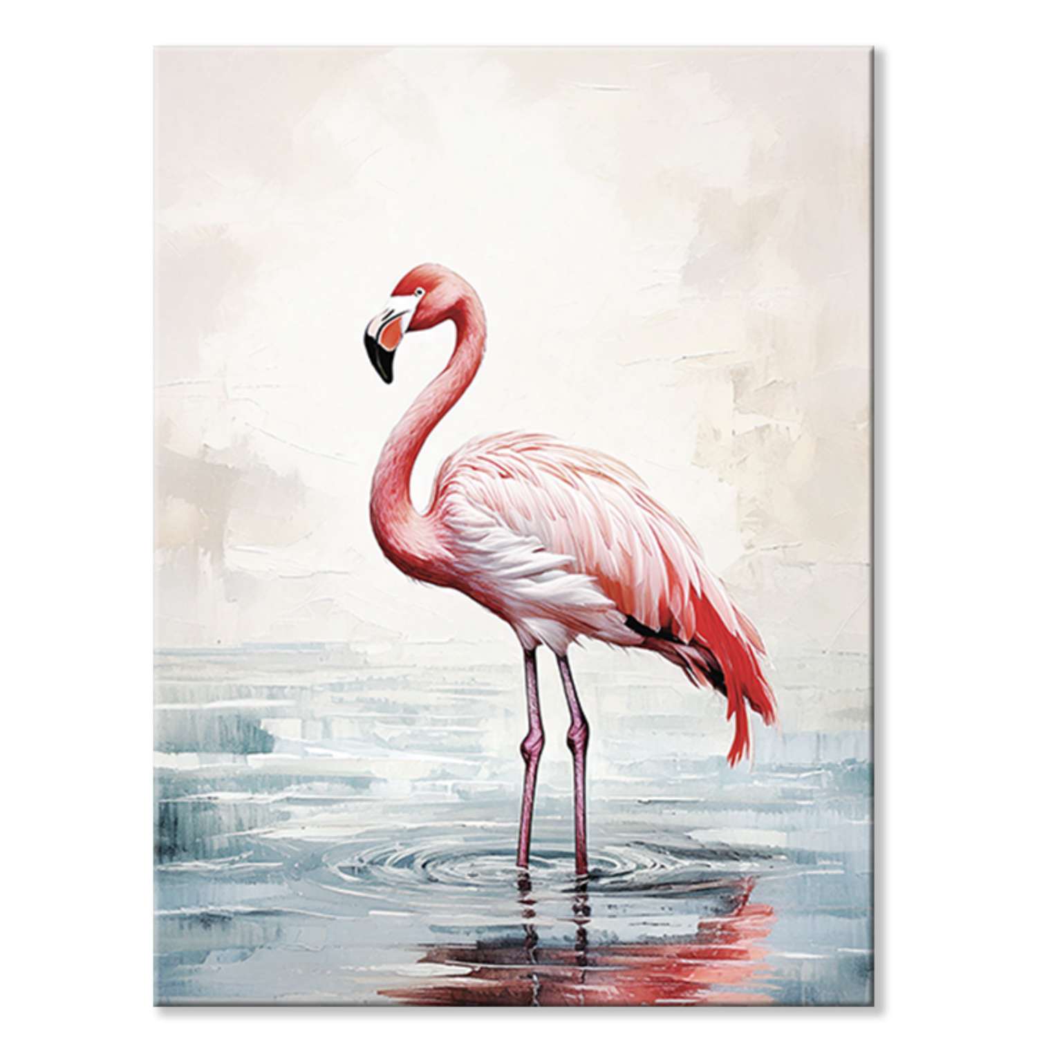 Flamingo wall art – a single pink flamingo wading in shallow, rippled water, canvas print